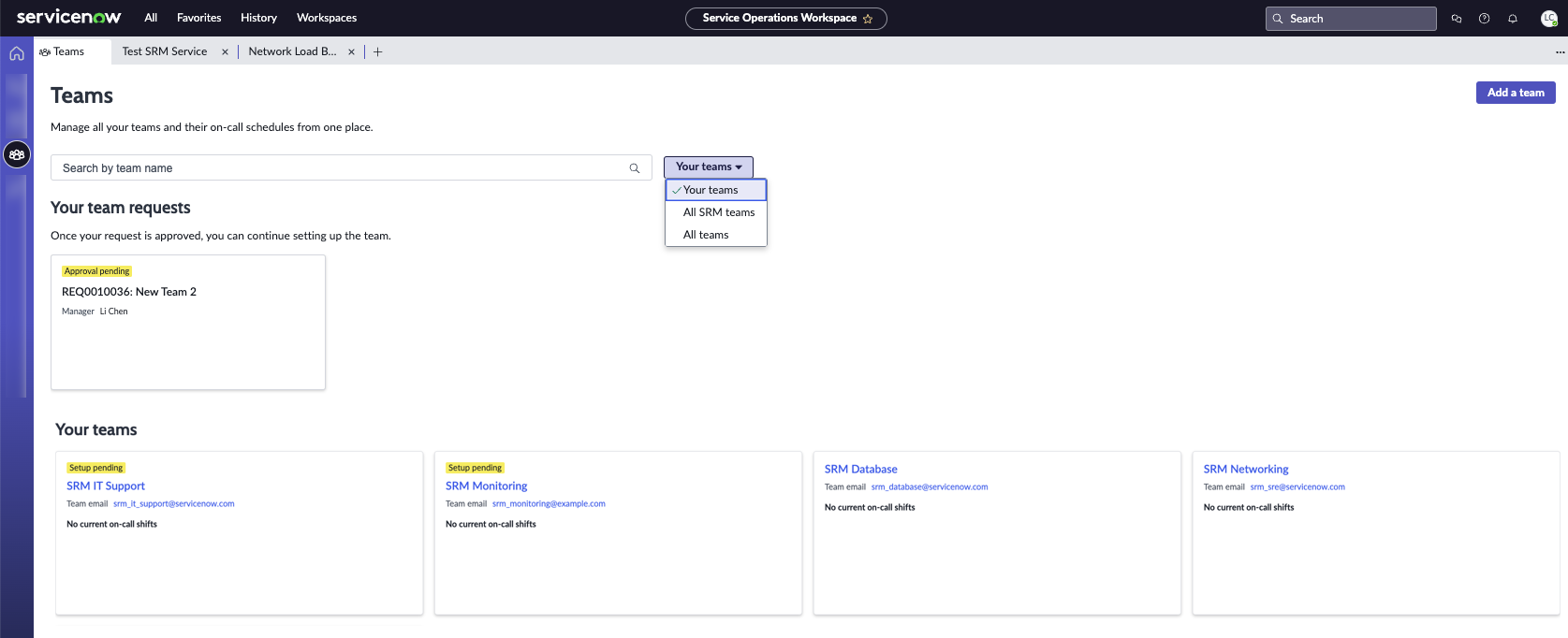 The Teams page showing teams and team requests