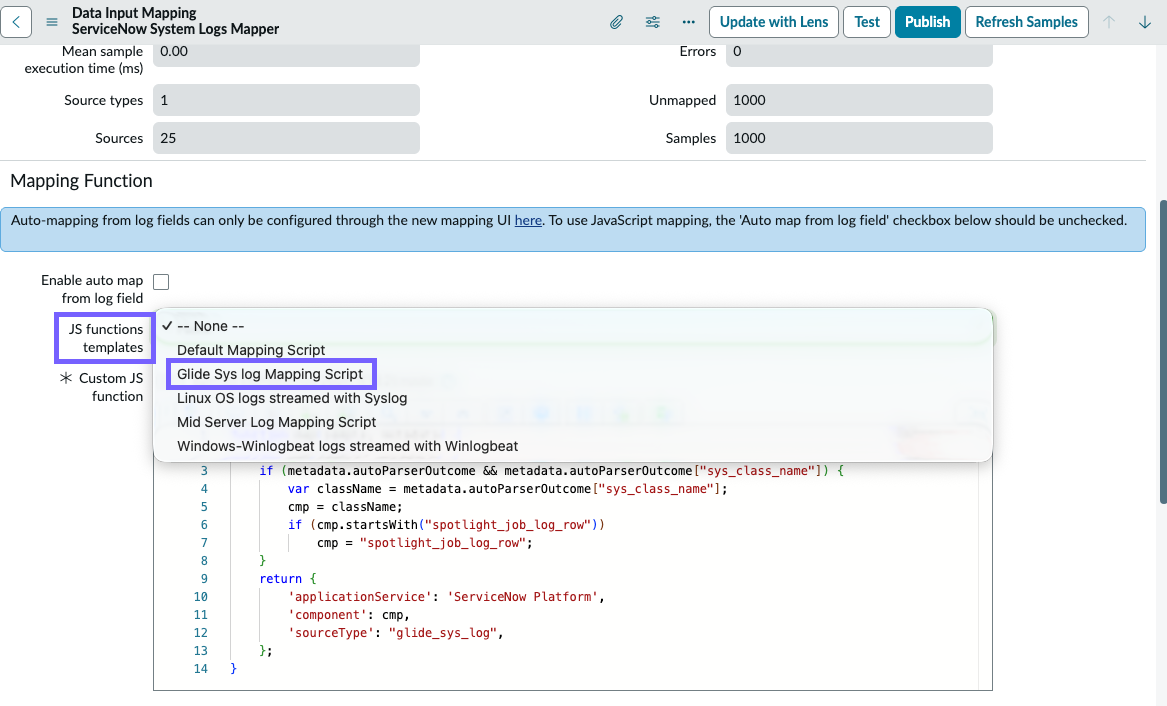 Content pack mapping script listed as JavaScript functions template option.