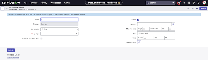 The Discovery Schedule form for top-down discovery.