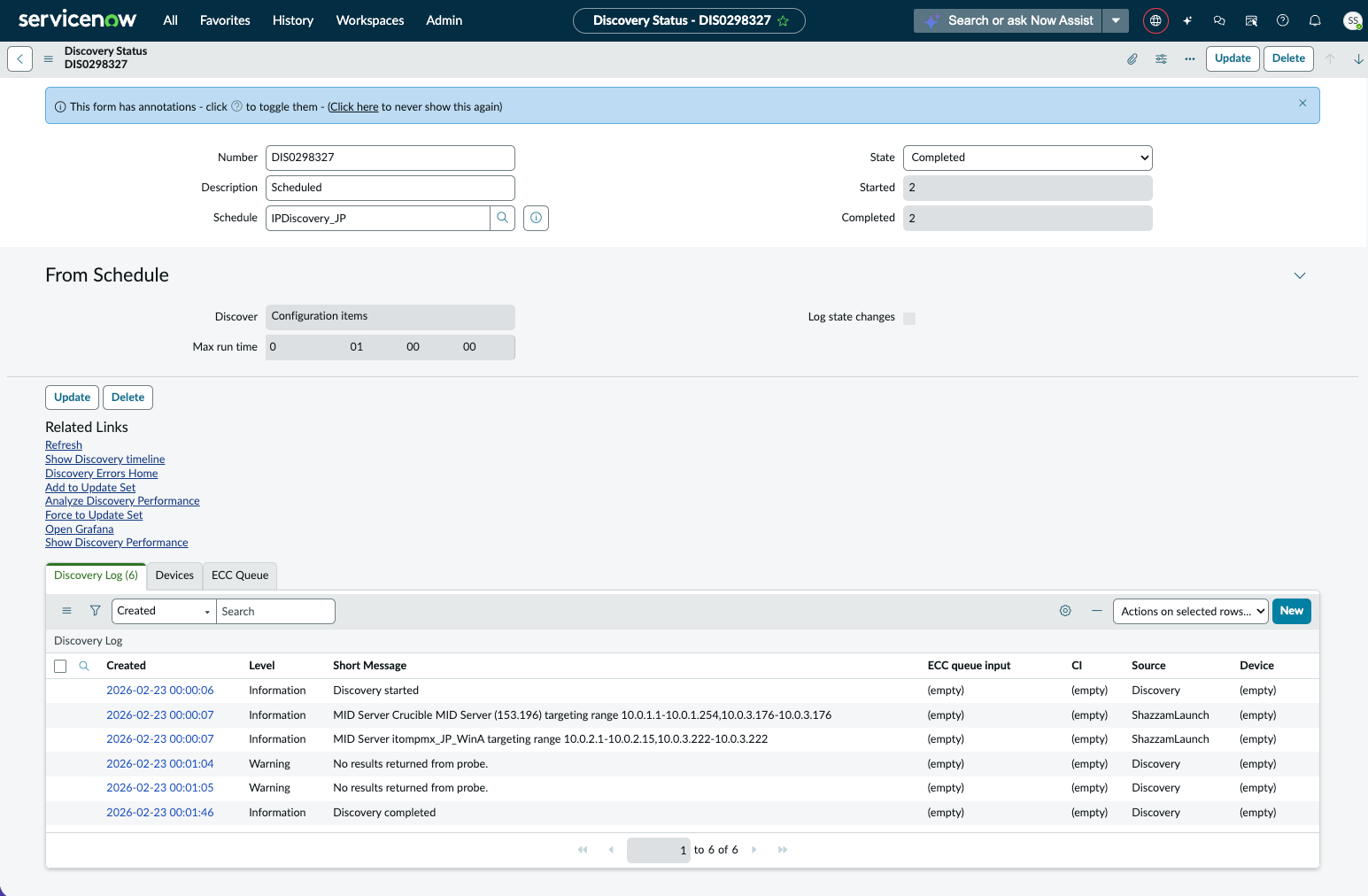 Example Discovery status record