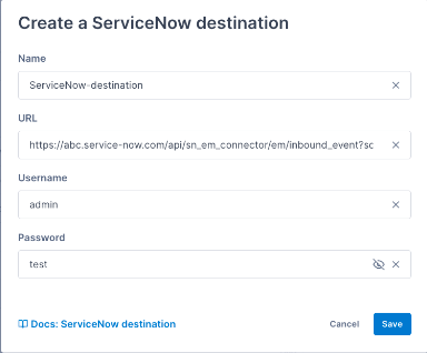 ServiceNow クラウドオブザーバビリティ ServiceNow 宛先