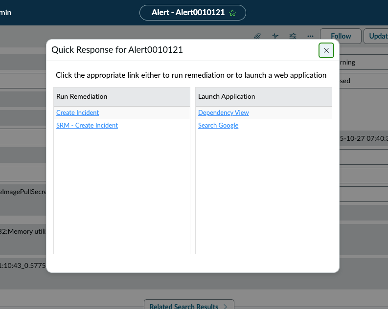 Event management alert record quick response menu.