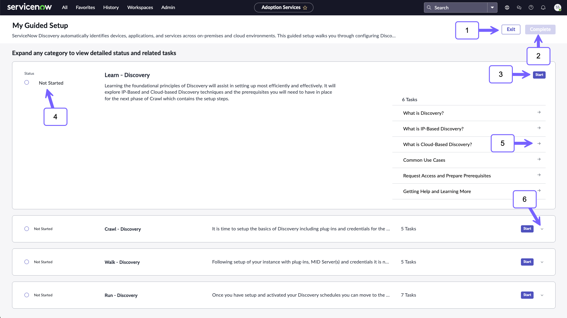 Navigational features available on the landing page