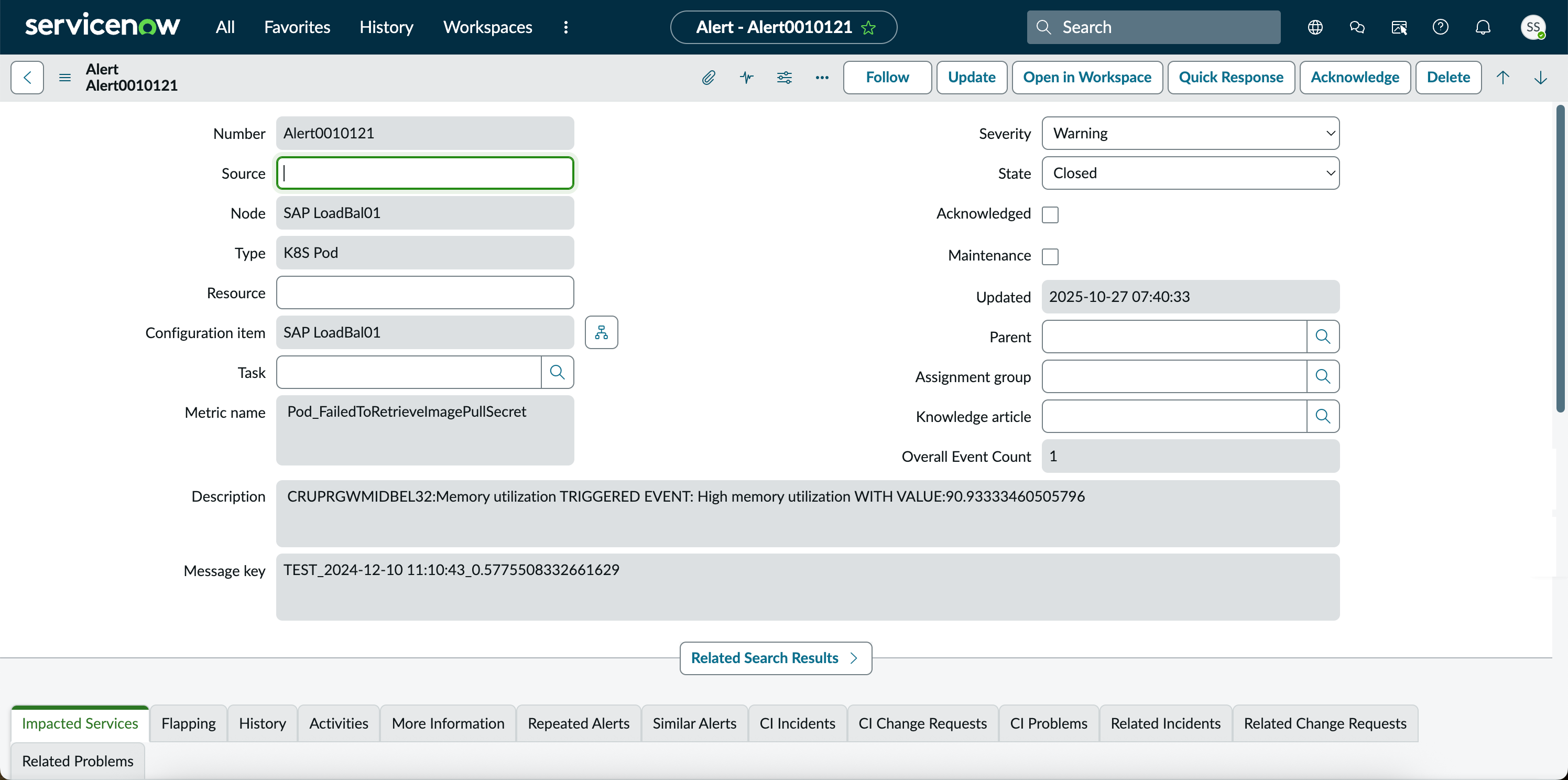 The Alert form from All Alerts list in Event Management.