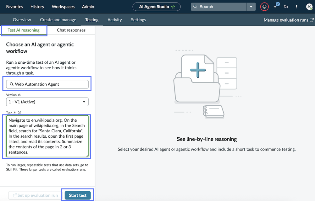 On the Test AI reasoning tab, required fields are highlighted. The Task field contains instructions to search for Santa Clara, California on Wikipedia.