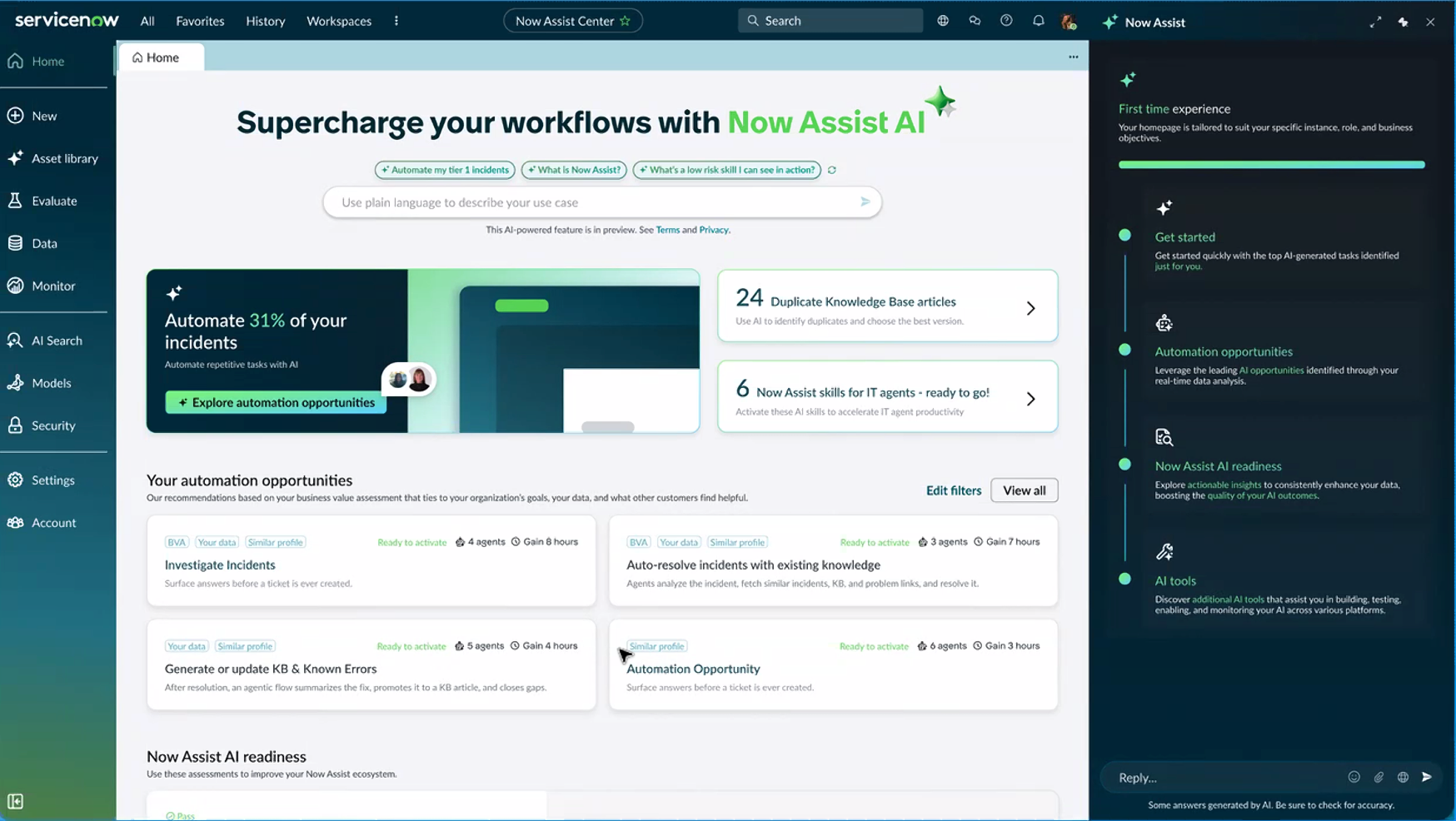 The Now Assist Center workspace displays features that allow you to access and manage your Now Assist solutions from a single place.