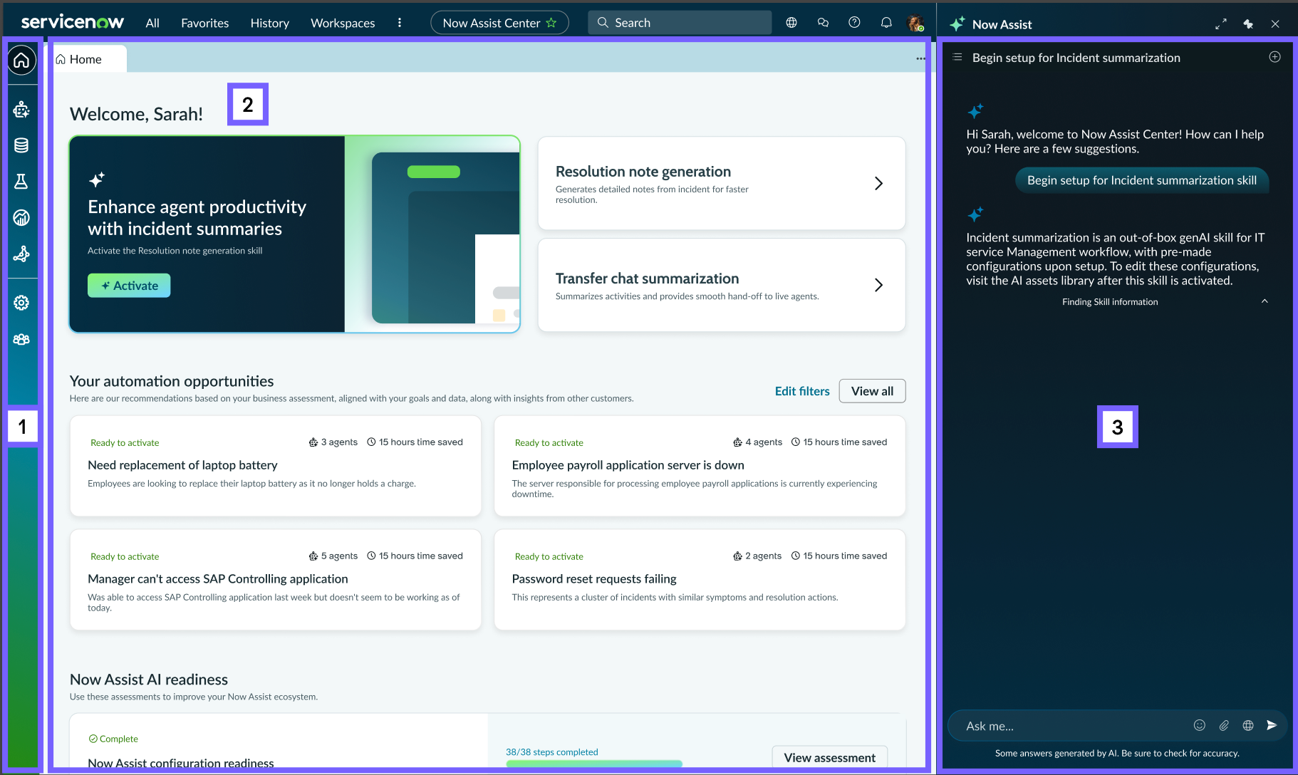 Now Assist Center workspace layout.