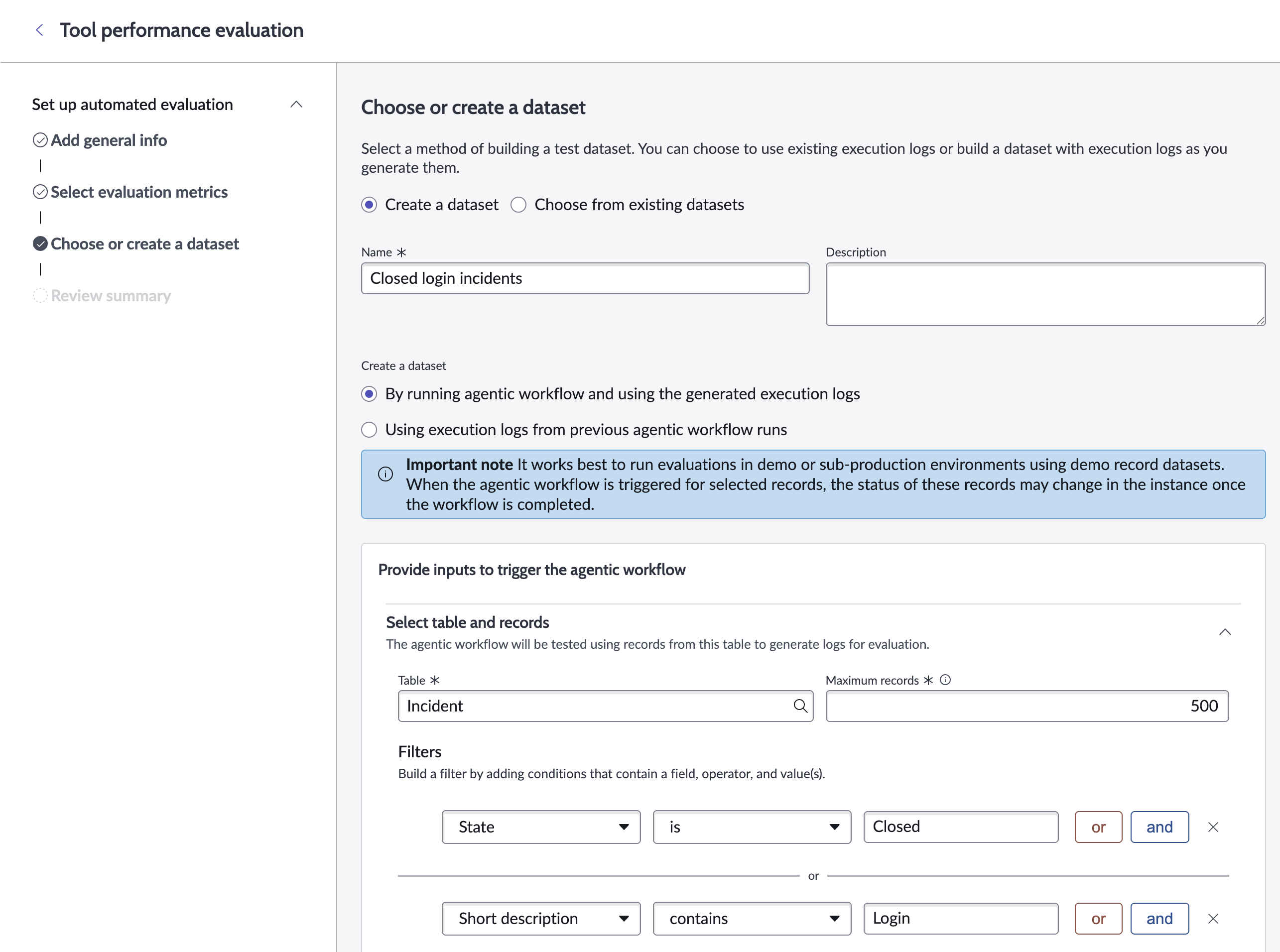 Tool performance dataset, using new logs, on the Incident table, 500 maximum records and a filter closed incidents that contain "login" in the short description.