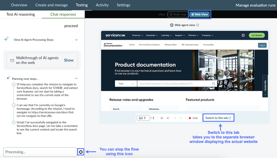 The web view in the testing module displays screenshots of the target website.