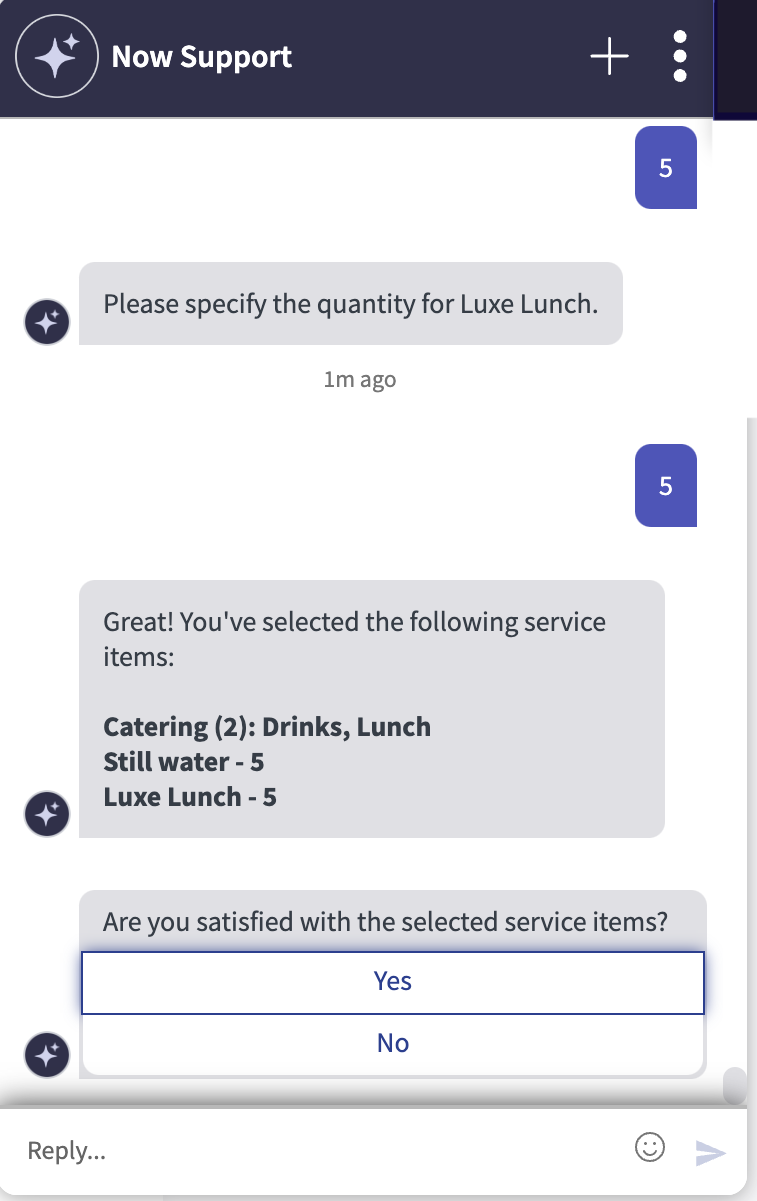 Now Assist in Virtual Agent zeigt die Catering-Services an, die einer Reservierung hinzugefügt werden.