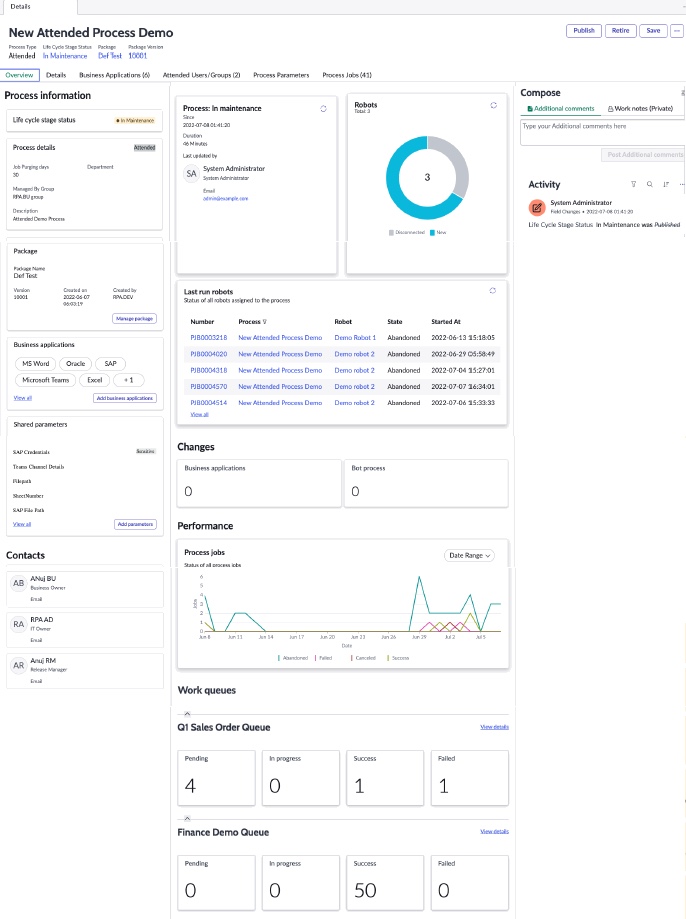 Overview tab for a published attended bot process.