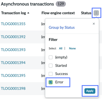 Status column filter with error selected.