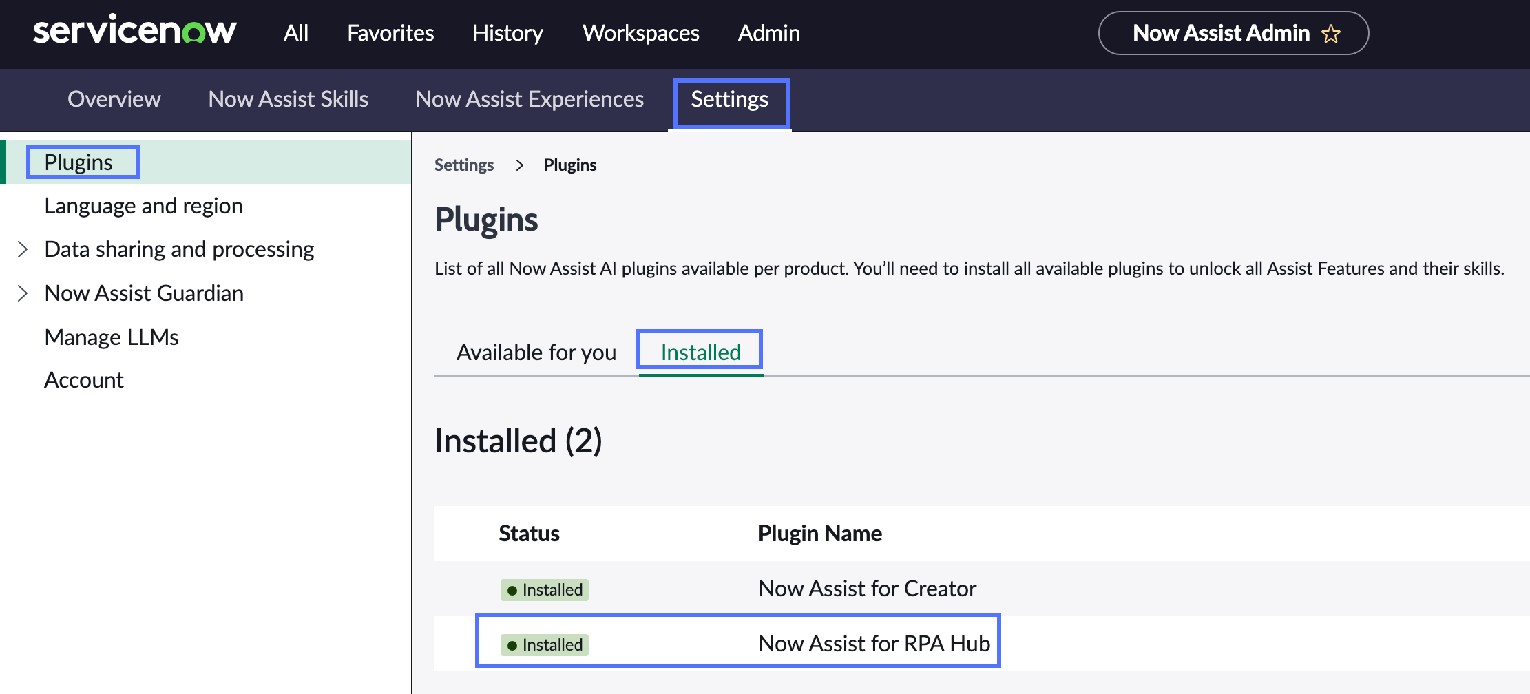 Plugins tab that displays the Now Assist for RPA Hub as installed.