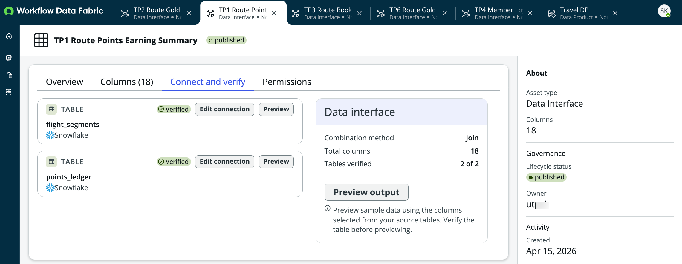 Data interface configuration showing join between flight_segments and points_ledger tables with 18 total columns.