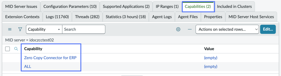 MID server record related lists with capabilities tab displayed showing Zero Copy Connector for ERP.