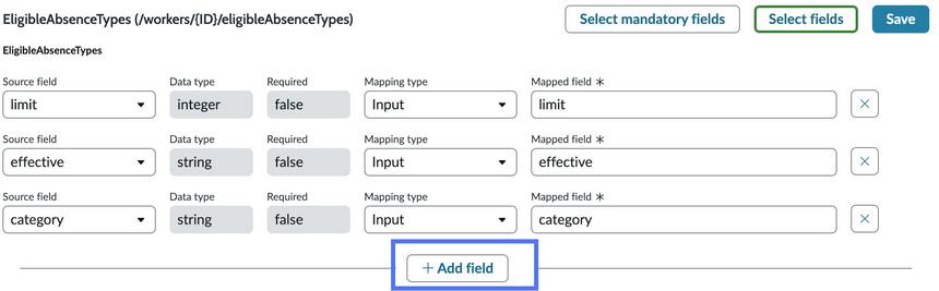 Field list with add field button highlighted.