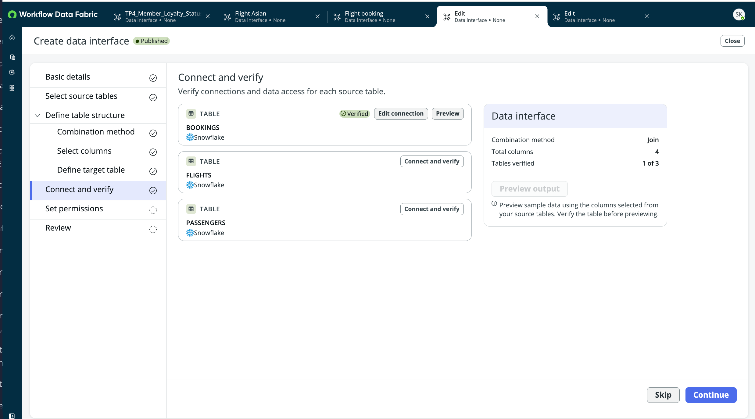 Connect and verify step showing source tables with verification status and data interface summary.