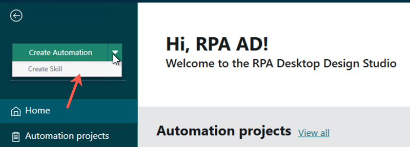 Create Skill automation button.