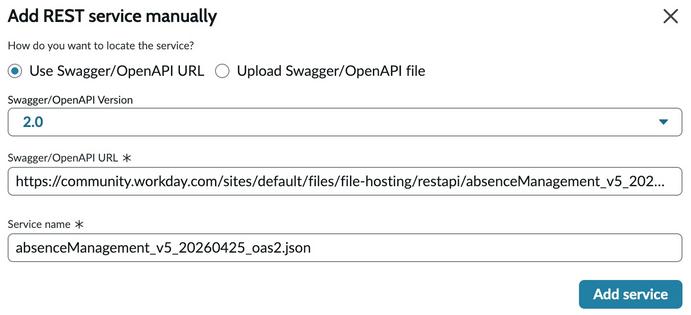 Add service manually with URL option selected and fields filled in with details.