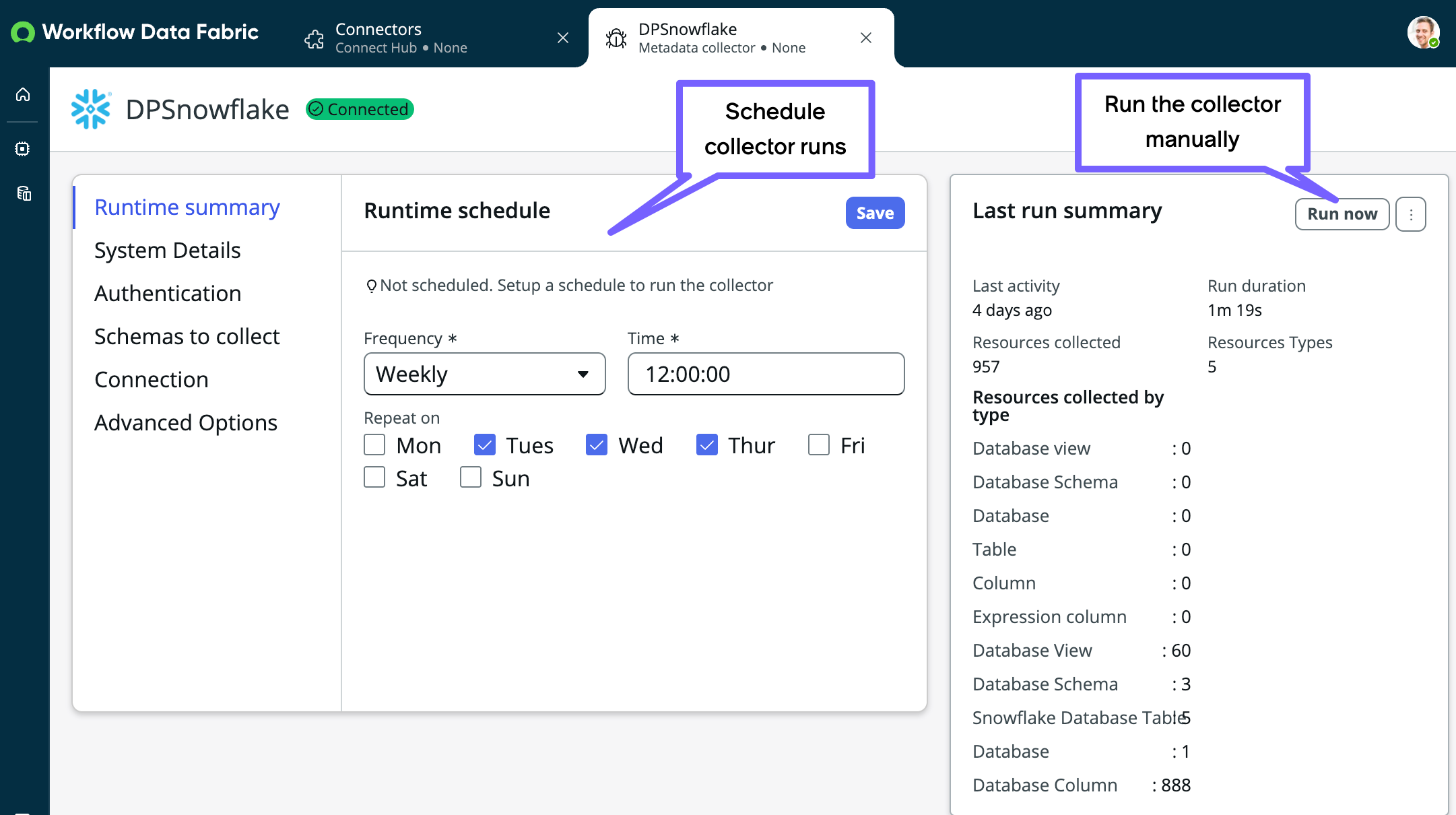 Metadata collector interface showing schedule configuration options and run summary with manual run button highlighted.
