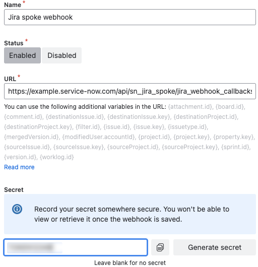 Jira spoke webhook creation in Jira portal.