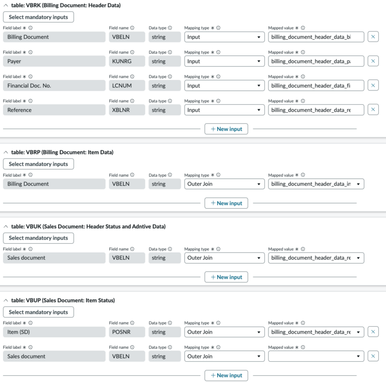 Specify inputs page showing all tables and fields.