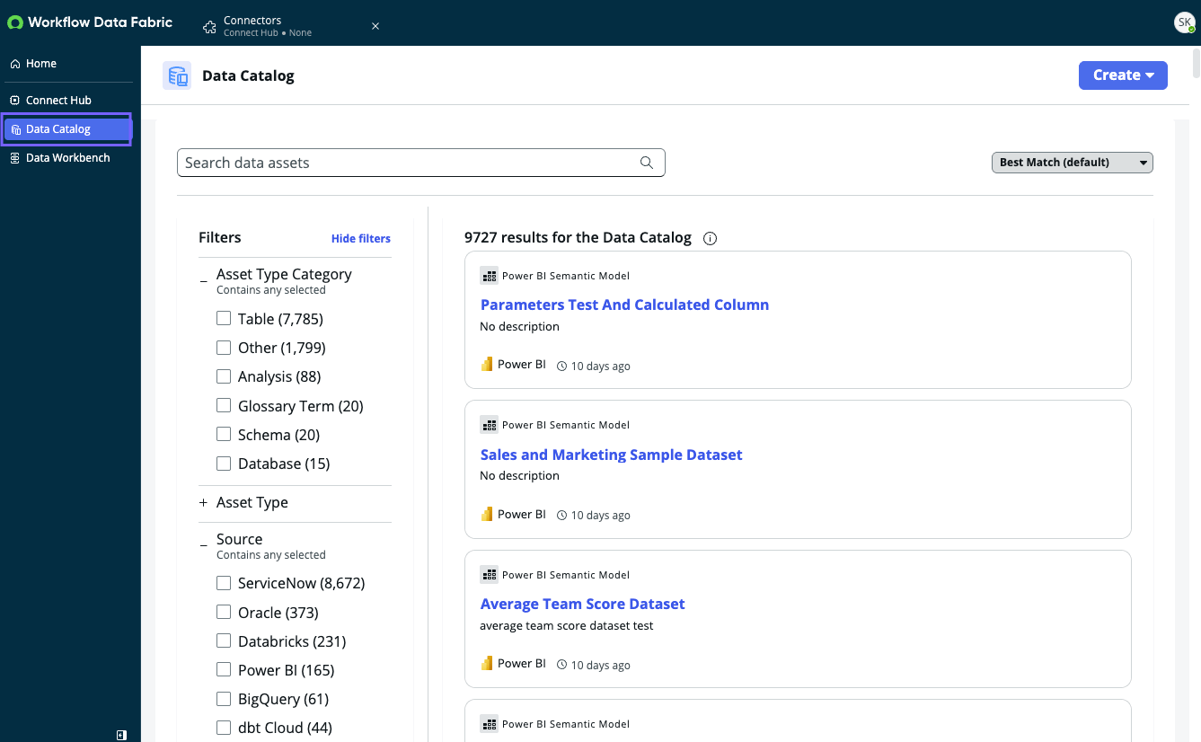 Data Catalog search view showing filter panel and a list of data assets with descriptions and source system labels.