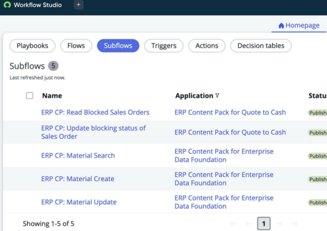 Subflows list filtered and displaying only subflows with a name beginning with ERP CP.