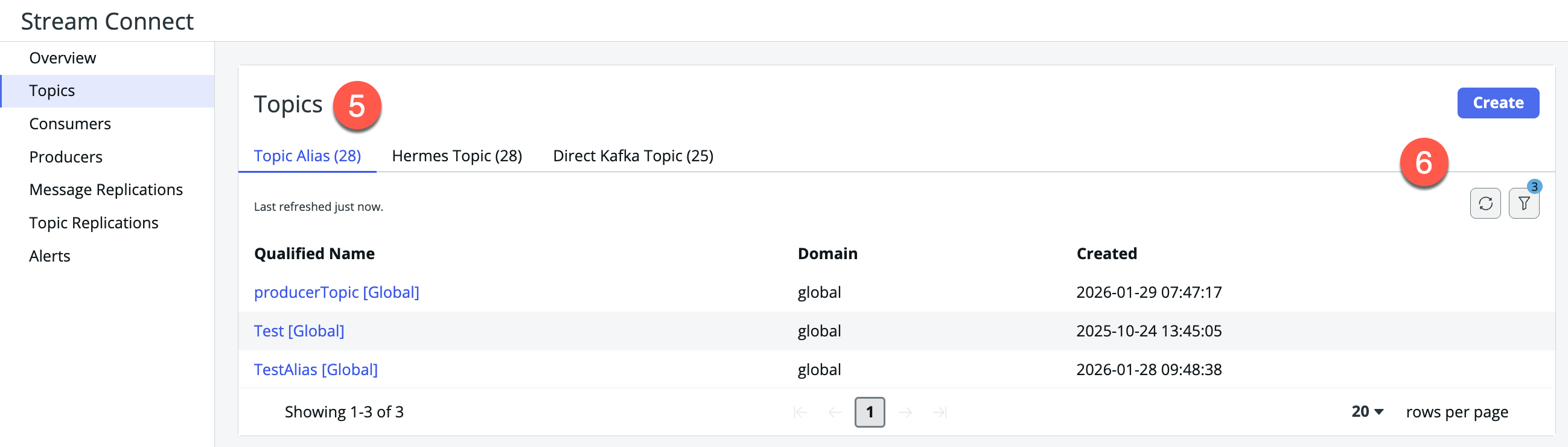 User interface for the Stream Connect dashboard Topics page.