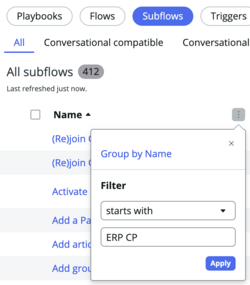 Filter expanded with conditions set to starts with ERP DP.
