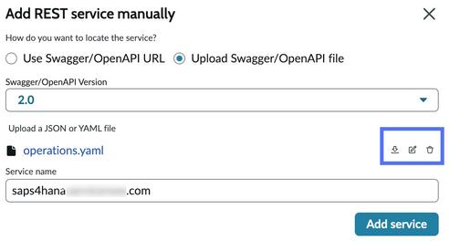 Add service manually with upload file option selected and fields filled in with details.