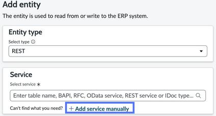 Add entity options with add service manually link highlighted.