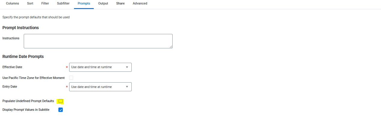Clear the Populate Undefined Prompt Defaults check box.