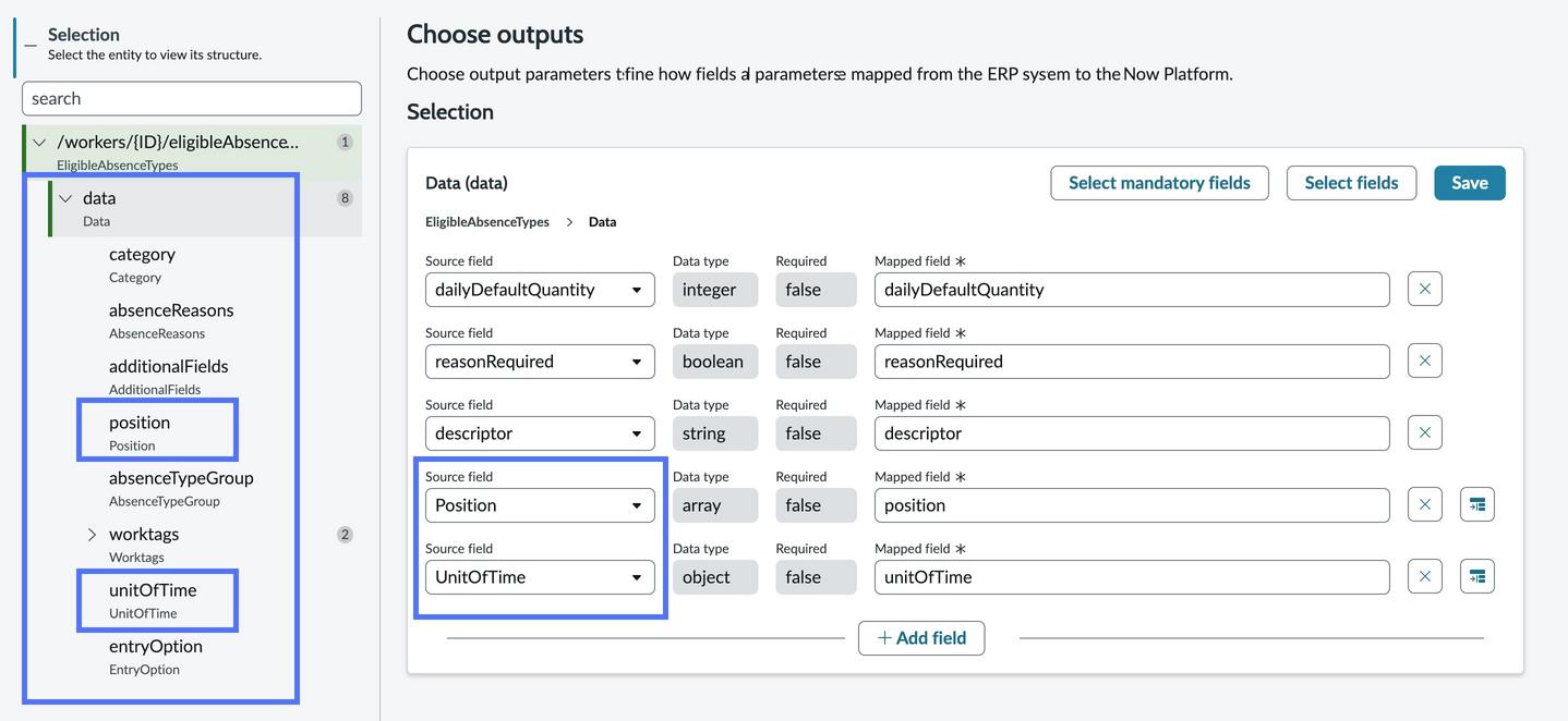 Output selection page with all field options and selected fields highlighted.