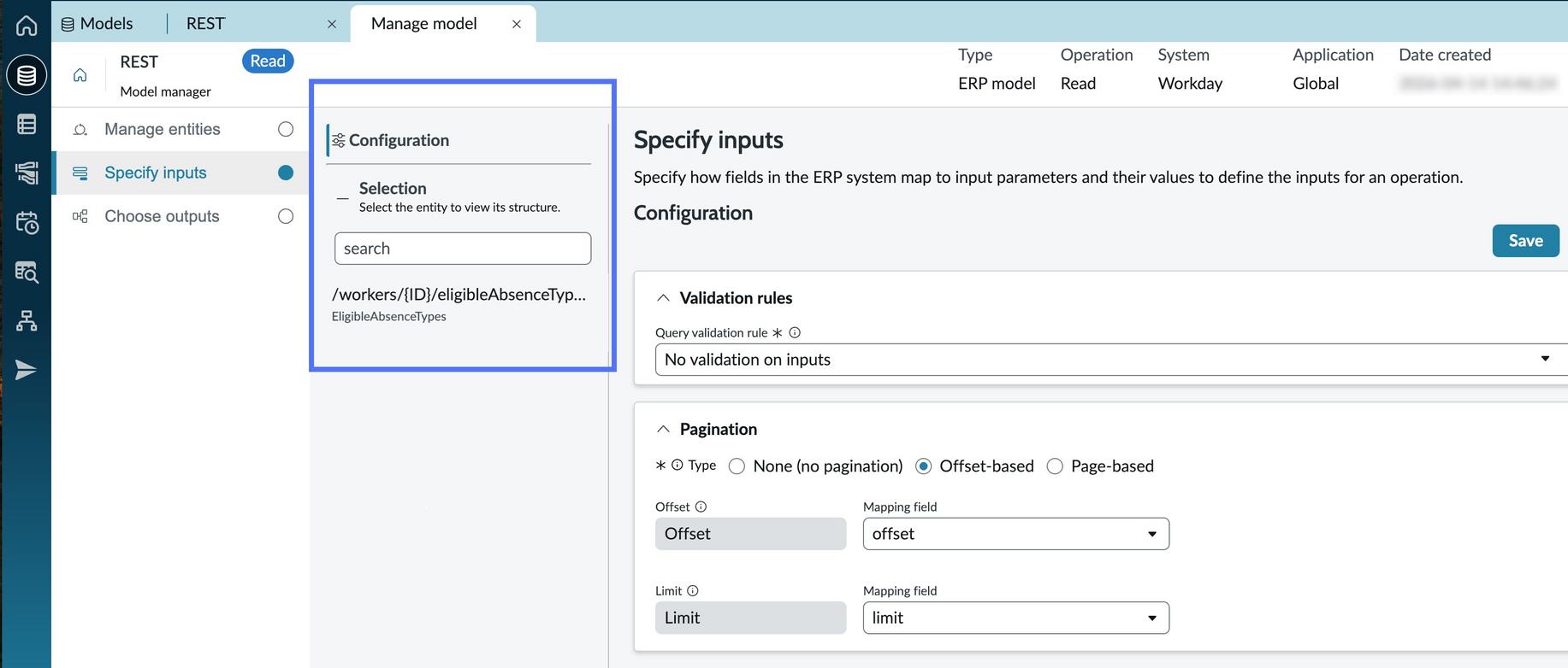 Manage model page, with specify input tab displayed and configuration/selection options highlighted.