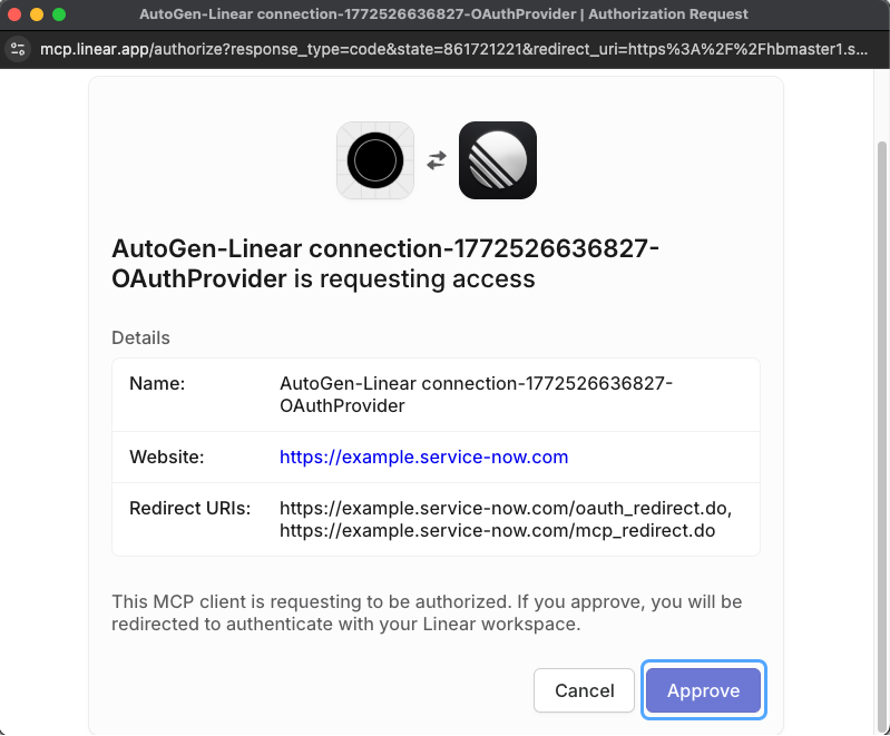 Example authorization request for Linear MCP connector