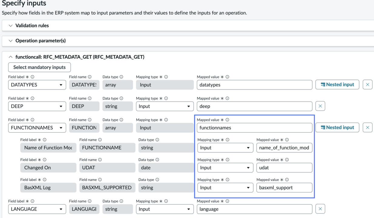 Function call displayed with function names parent field and several child fields.