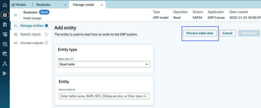 Manage model page with preview table data button highlighted.