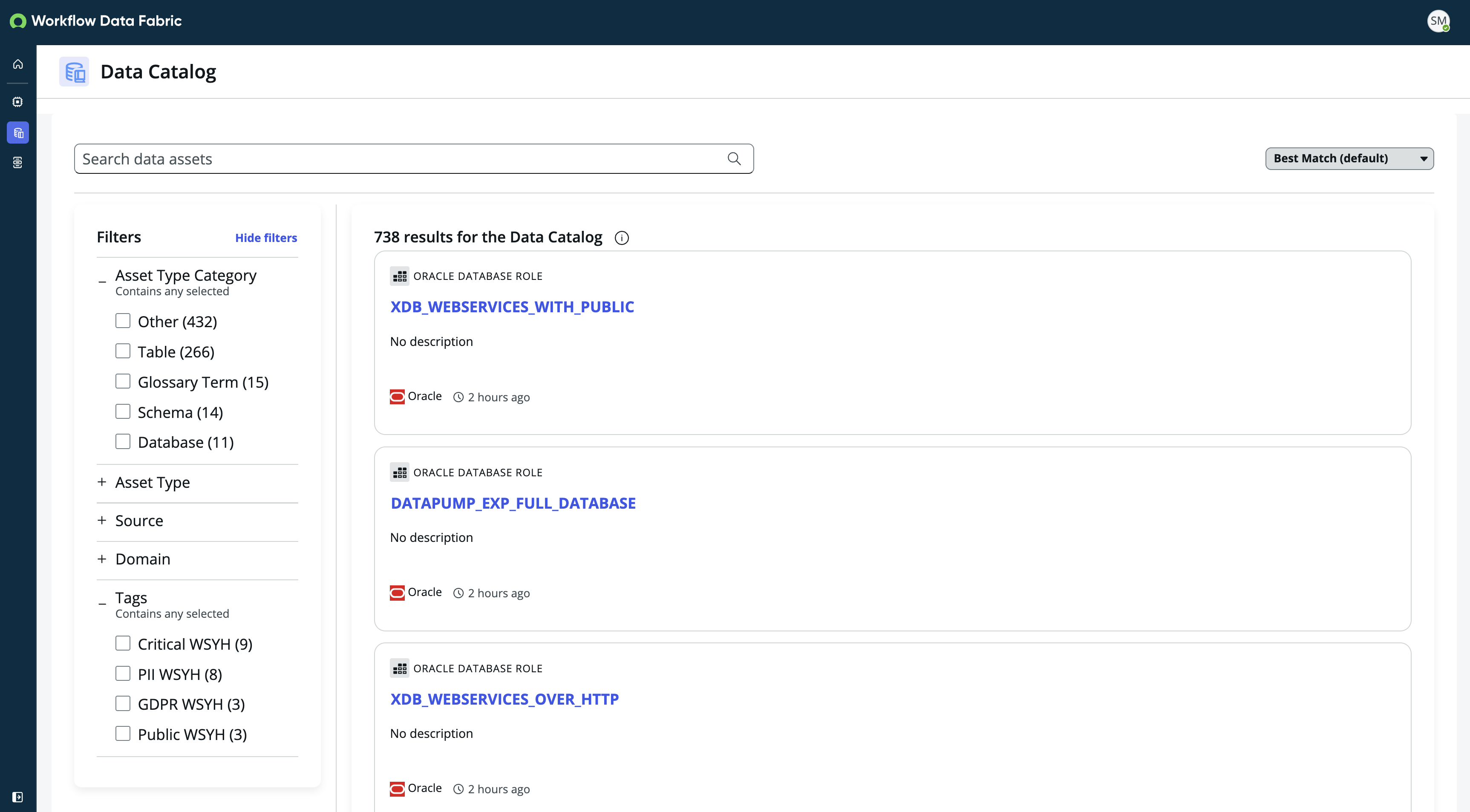 Screenshot showing the Data Catalog UI with filters open.