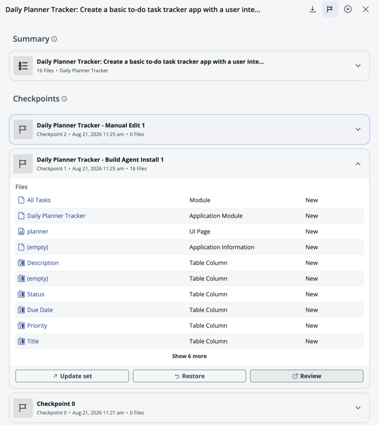 Checkpoints and conversation change log