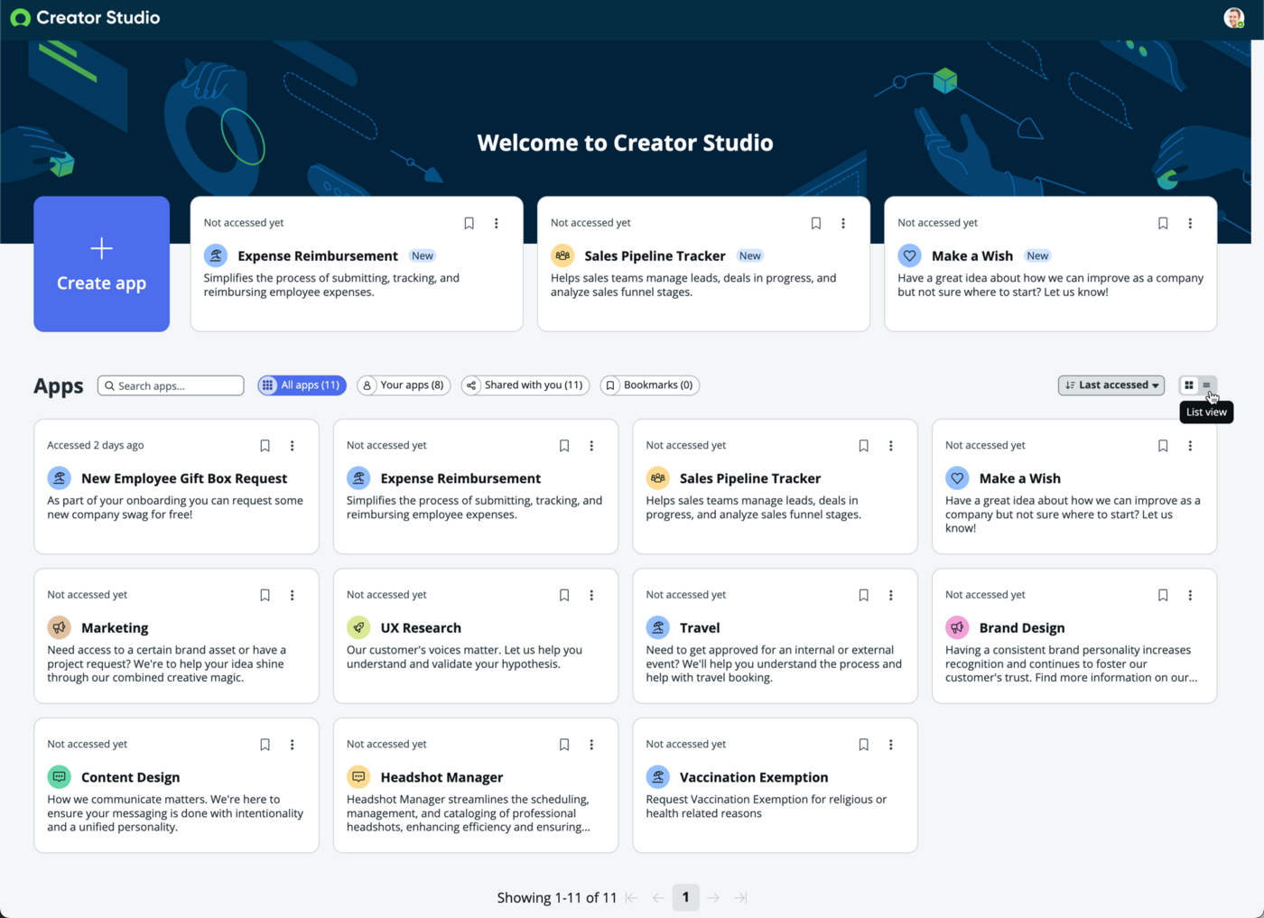Creator Studio home page with all apps shown in a list