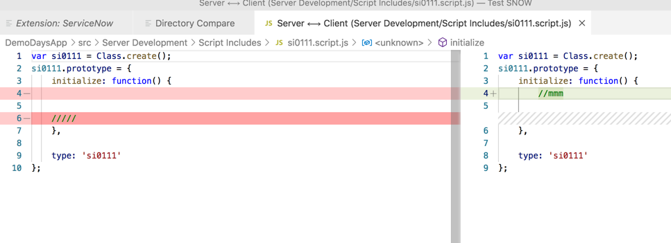 Window showing differences between client and server
