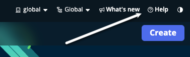 Ui Builder homepage with white arrow pointing to help option.