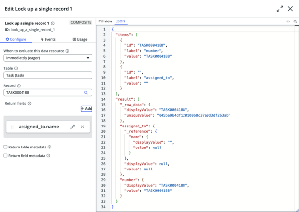 Look up a single record configuration modal with the Table field set to Task, displaying the corresponding JSON values.