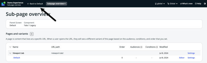 Arrow pointing to Back to Default link in the UI Builder header.