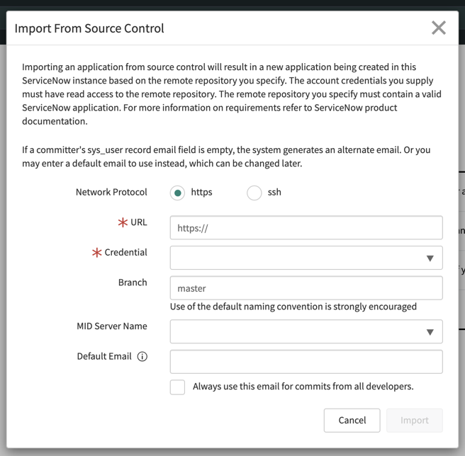 Switch Applications window showing Source Control fields