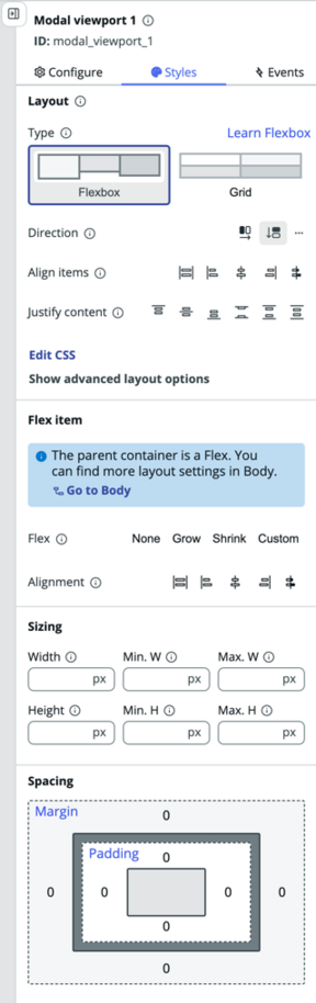 Modal viewport modal configure options tab.