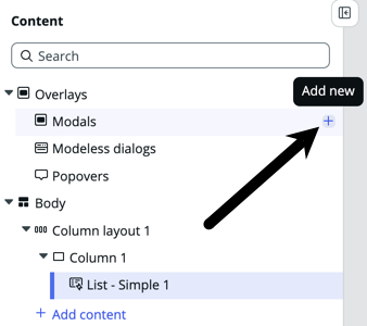 Arrow pointing to the add new modal option.