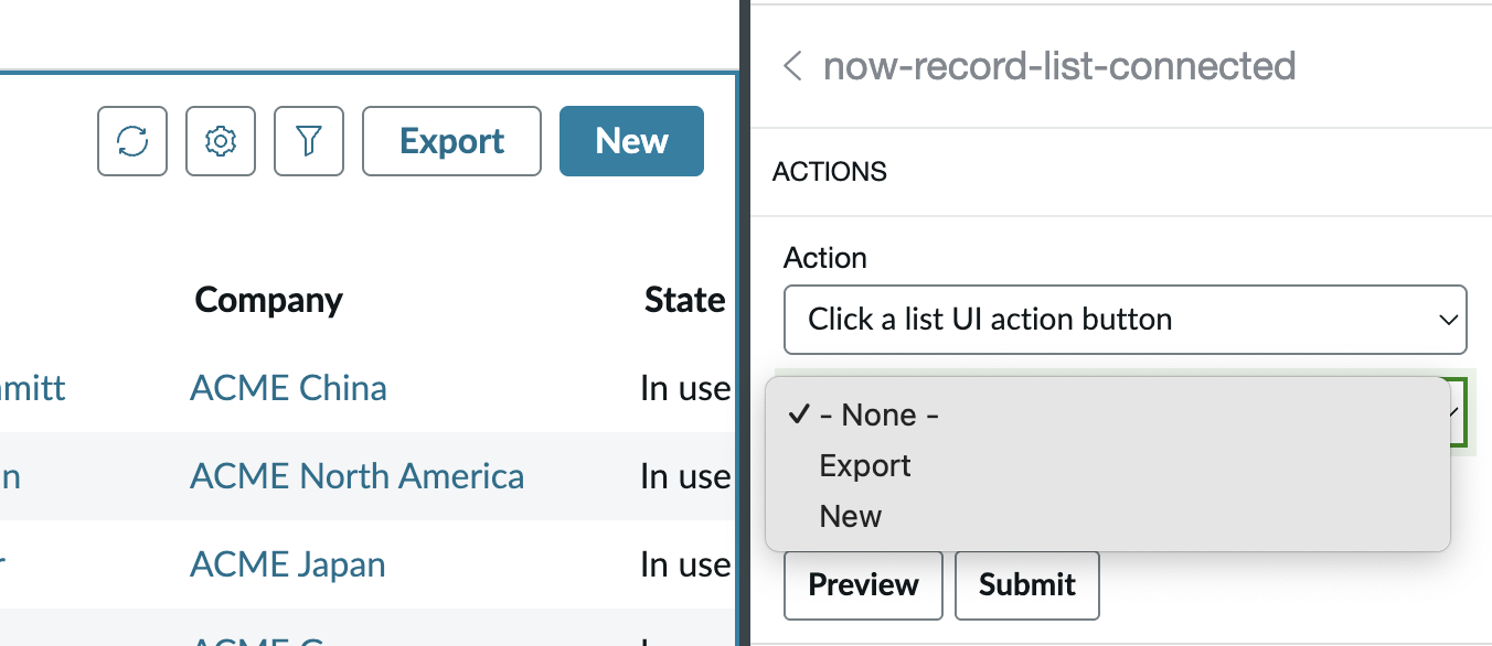 Screenshot showing selecting list UI action