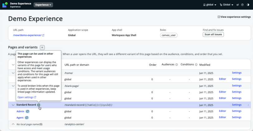 Reuse page across experiences